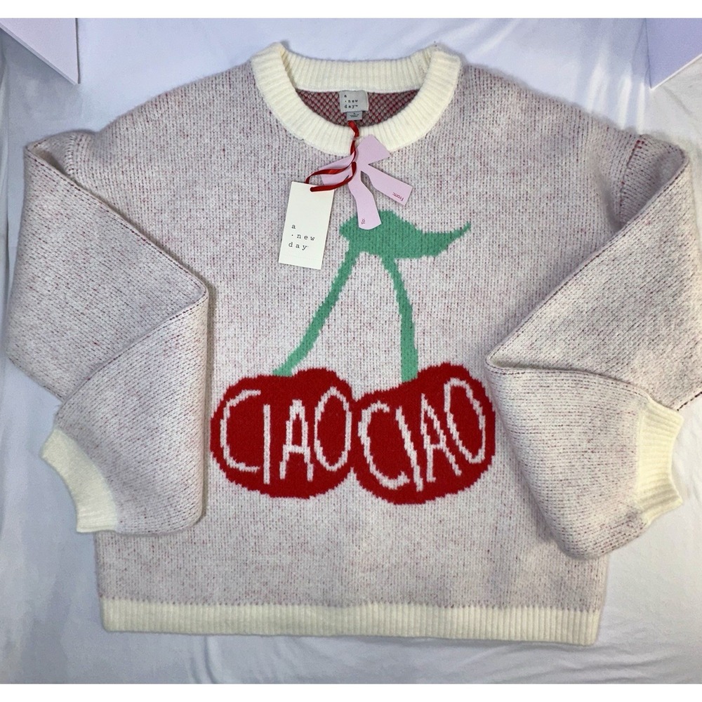 A NEW DAY Target Holiday Crewneck Sweater Cream Red Cherries Ciao Size Large NWT